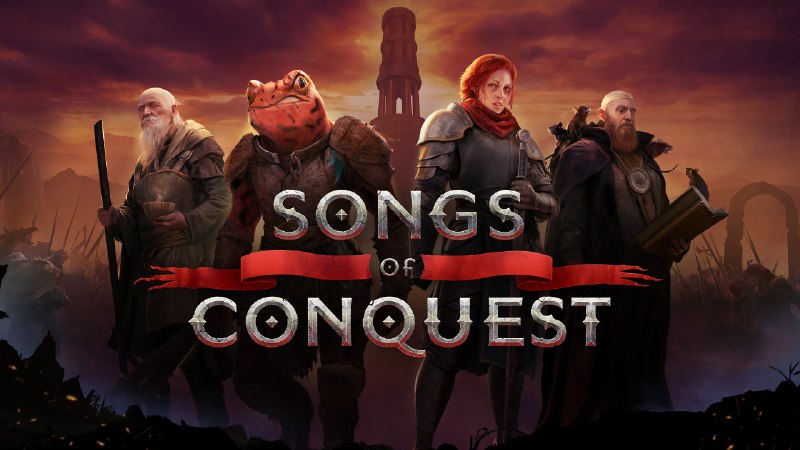 《Songs of Conquest》游戏画面展示，包含军队、魔法和帝国元素。